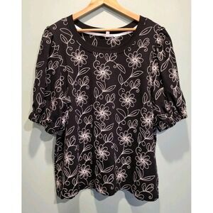 Jane & Delancey Black Floral Embroidered Stretch Short Puff Sleeve Top Sz 1X